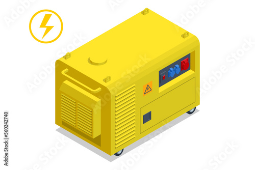 Isometric small yellow external mobile diesel generator for emergency electric power. Diesel generator