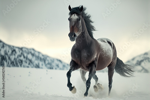 Wild horse running through snowy landscape. Digital artwork  