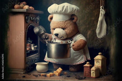  a teddy bear dressed in a chef outfit cooking food in a pot with a stove in the background and a tea kettle in the foreground, and a tea kettle and a teapot on the. photo