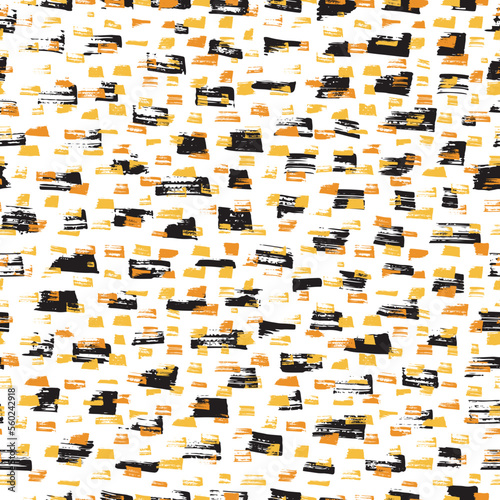 Vector Brushstrokes Seamless Pattern. Spotted Black, Orange, Yellow, White Background. Grunge paint brush strokes Spots. Abstract shape stains texture.