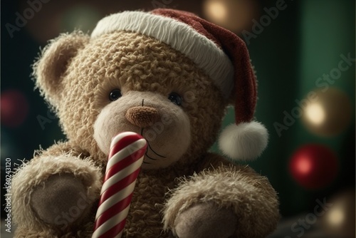  a teddy bear with a candy cane in its mouth and a santa hat on its head, sitting in front of a christmas tree with lights and baubs in the background, and a. photo