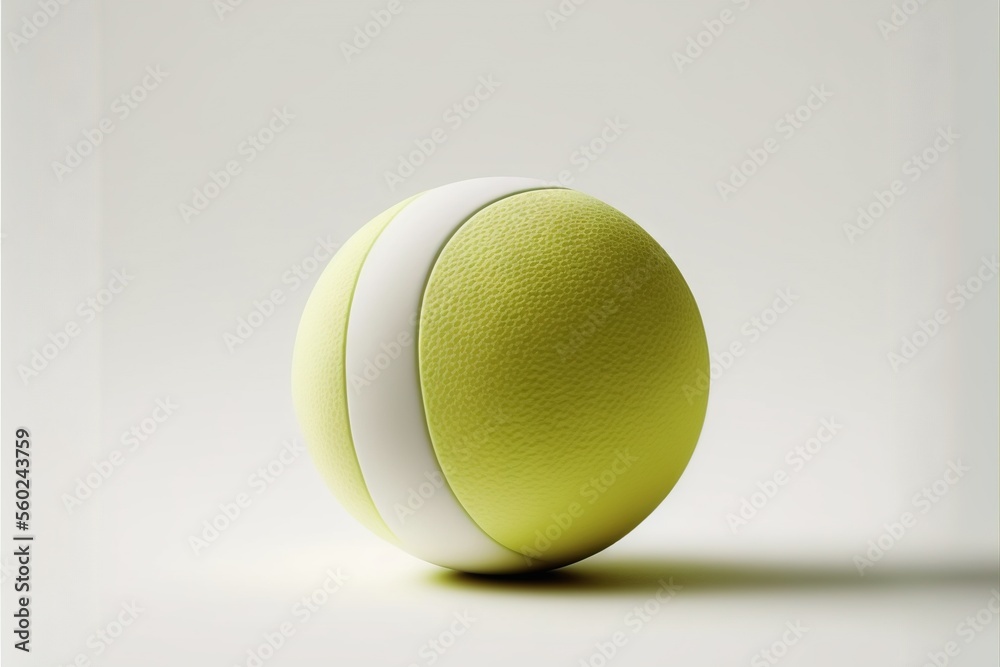 a yellow and white ball on a white surface with a shadow on the ground