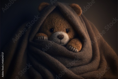  a teddy bear peeking out from under a blanket on a bed with a blanket over it's head and eyes, with a teddy bear peeking out of the blanket, with a dark background.