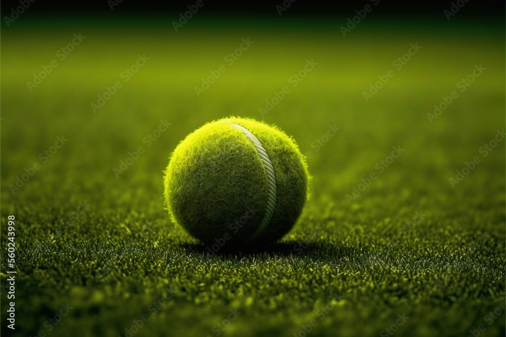  a tennis ball on a green grass court with a black background and a white line in the middle of the ball is a tennis ball on the grass field with a black line and white line.