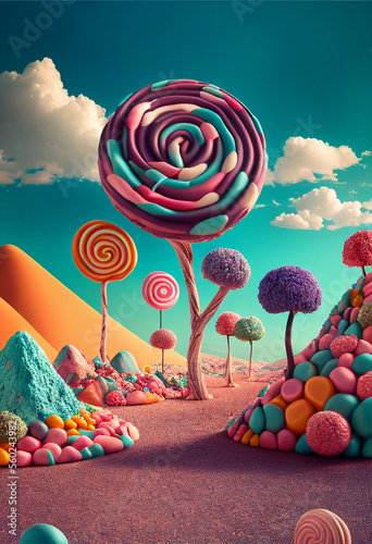Candy land, fantasy, colorful landscape made of sweet candy