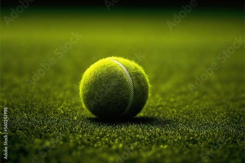  a tennis ball on a green grass court with a black background and a white line in the middle of the ball is a tennis ball on the grass field with a black line and white line. © Anna