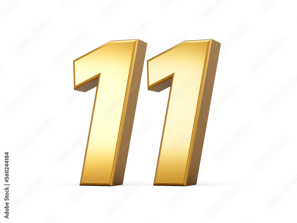 Golden metallic Number 11 Eleven, White background 3d illustration Golden metallic Number 11 Eleven, White background 3d illustration