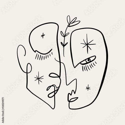 Vector boho Twins Zodiac fashion abstract aesthetic mid century modern line art face boho magic astrology poster