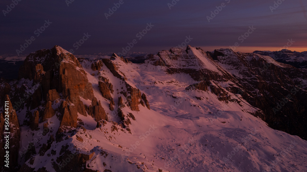sunrise in the snow dolomites