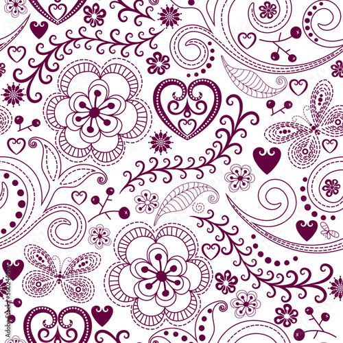 Vector monochrome purple pattern with hearts, flowers and butterflies on a transparent background
