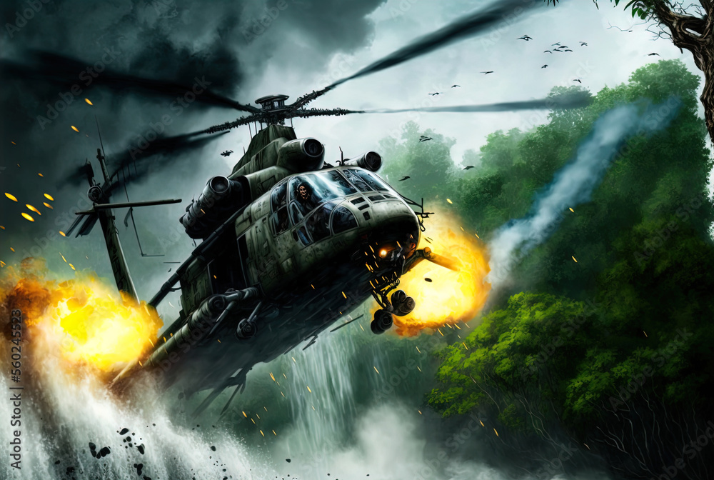 Helicopter gunship rains down missile and machine gun fire. Action scene. Made with Generative AI.