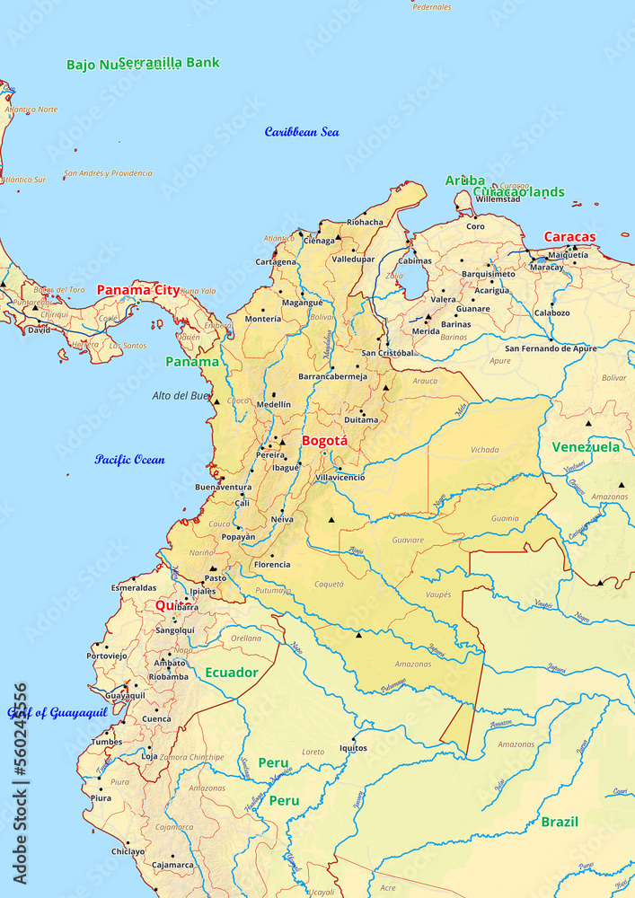 Colombia map with cities streets rivers lakes
