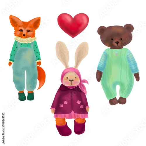 teddy bear with heart. set of cute plush animal toys. hare, fox, bear