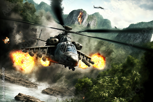 Helicopter gunship rains down missile and machine gun fire. Action scene. Made with Generative AI. photo