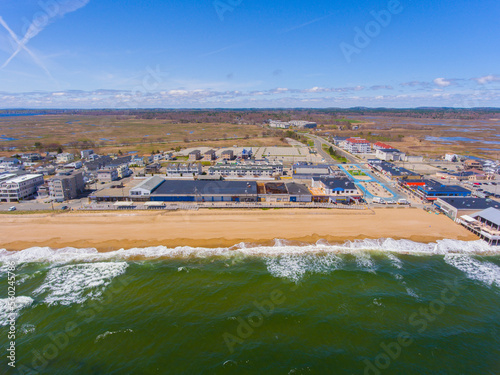 Salisbury Beach aerial view including Broadway and Boardwalk in town of Salisbury, Massachusetts MA, USA.  photo
