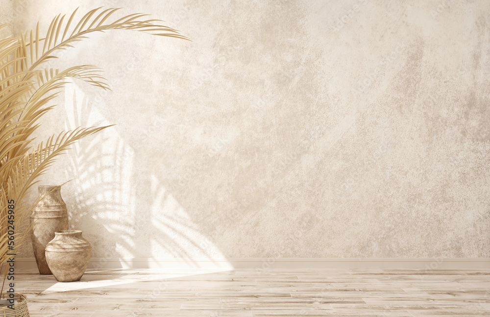 Empty room interior background, beige stucco wall, vases and palm leaf,  3d rendering - obrazy, fototapety, plakaty 