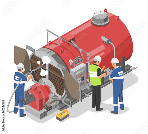 Red Industrial Boiler Cleaning and Maintenance and Inspection Engineer Inspector and Technician working on Duty Factory Machine isometric vector isolated