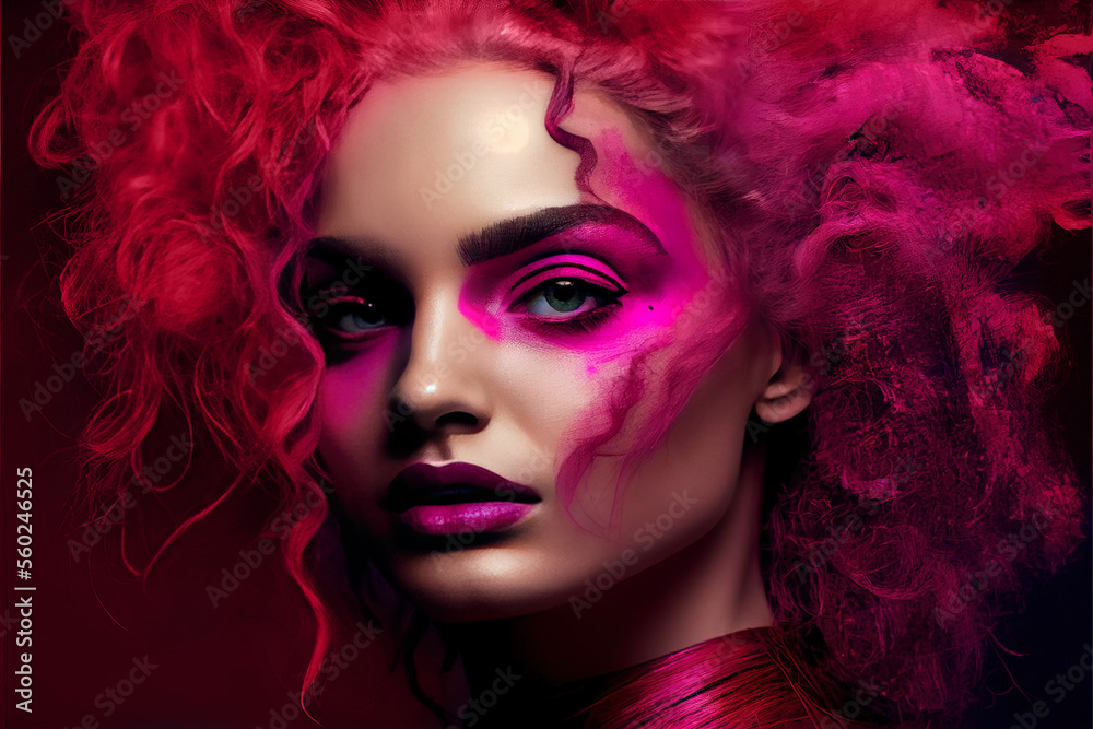 Viva magenta color, trending color of 2023, portrait of girl in magenta colors, illustration,