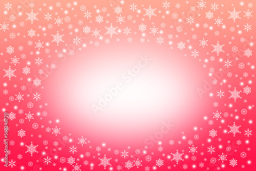 Fototapeta Naklejka Na Ścianę i Meble -  Winter nature snowfall background with central copy space. Red snow blurred abstract snowflake texture Abstract white powder snow cloud border on dark surface. Design of picture frame for websites