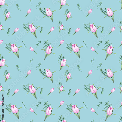 Watercolor pattern seamless, pink bouquets tulips and green leaves on a blue background 