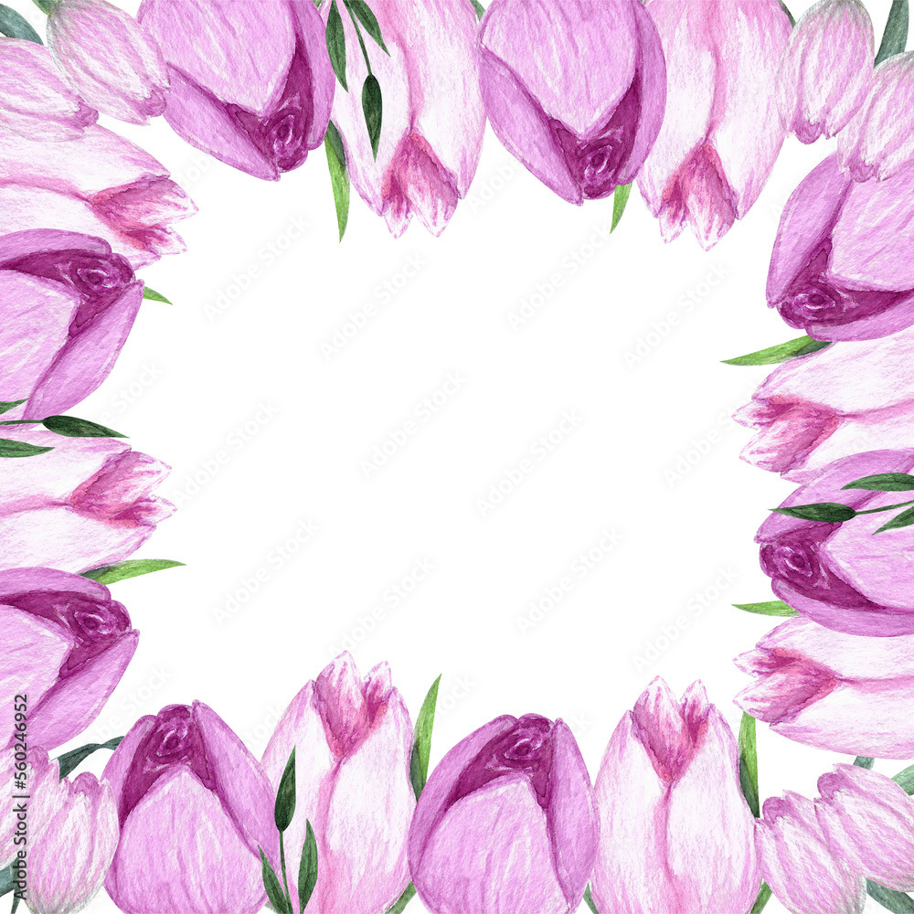 Floral frame with pink tulips for the design of invitations, greeting cards, wallpapers
