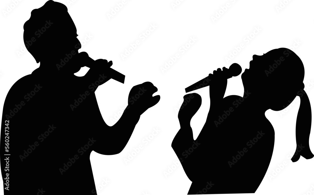 man and woman talking, with microphone, silhouette vector