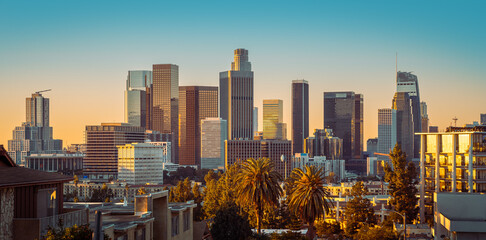 Acrylglasbilder Skyline Los Angeles Skyline im Sonnenuntergang  © frank peters