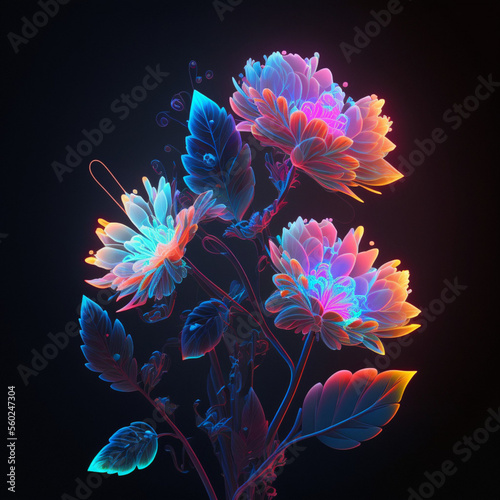 Neon plants and flowers. Generative AI.