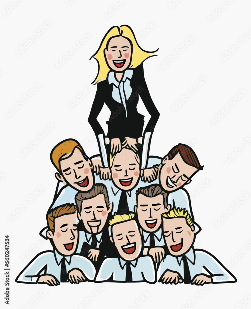 Female executive at the head of a pyramid formed by her male colleagues. Illustrates the power of women and their leadership in the company to achieve success. Female executive at the head of a pyramid formed by her male colleagues. Illustrates the power of women and their leadership in the company to achieve success.