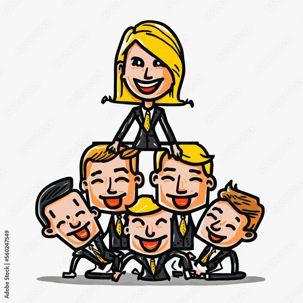 A businesswoman occupies the top of a pyramid of her male colleagues. Her natural leadership and power to achieve success are represented. A businesswoman occupies the top of a pyramid of her male colleagues. Her natural leadership and power to achieve success are represented.