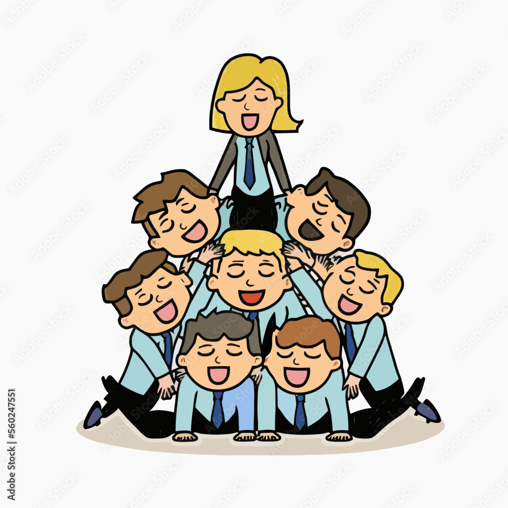 A business woman leading the pyramid of her male colleagues. Illustrates the leadership and impact that a woman can have in business. A business woman leading the pyramid of her male colleagues. Illustrates the leadership and impact that a woman can have in business.