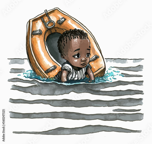 An African child on a raft on the high seas, illustrating the difficulty of families crossing the Mediterranean. A powerful image which testifies with emotion to the distress of the shipwrecked.