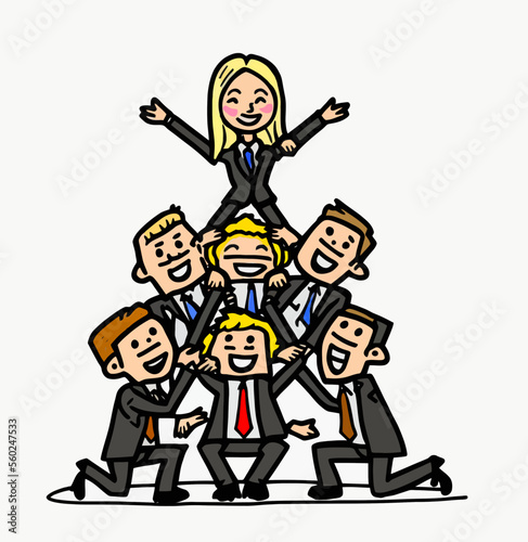Dominant female leader in a pyramid of her male subordinates. A powerful image that reminds us of the power of women and their ability to lead to high results.
