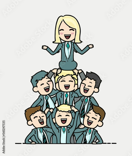 A woman leader and with male colleagues forming a pyramid to illustrate her leadership to achieve success. Shows the power of women in business.