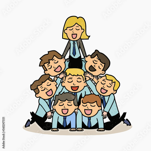 A business woman leading the pyramid of her male colleagues. Illustrates the leadership and impact that a woman can have in business.