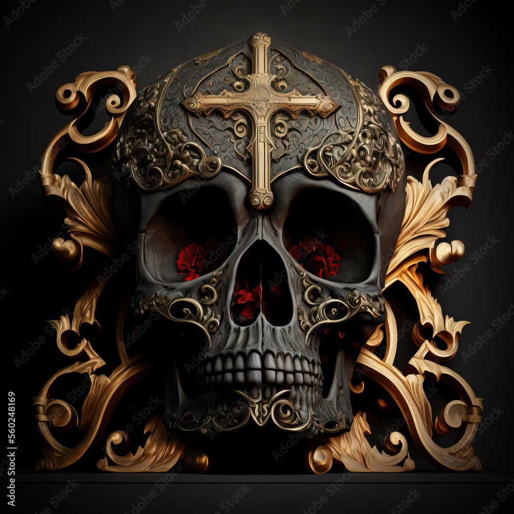 A baroque skull with gold ornaments and ciseled. A baroque skull with gold ornaments and ciseled.