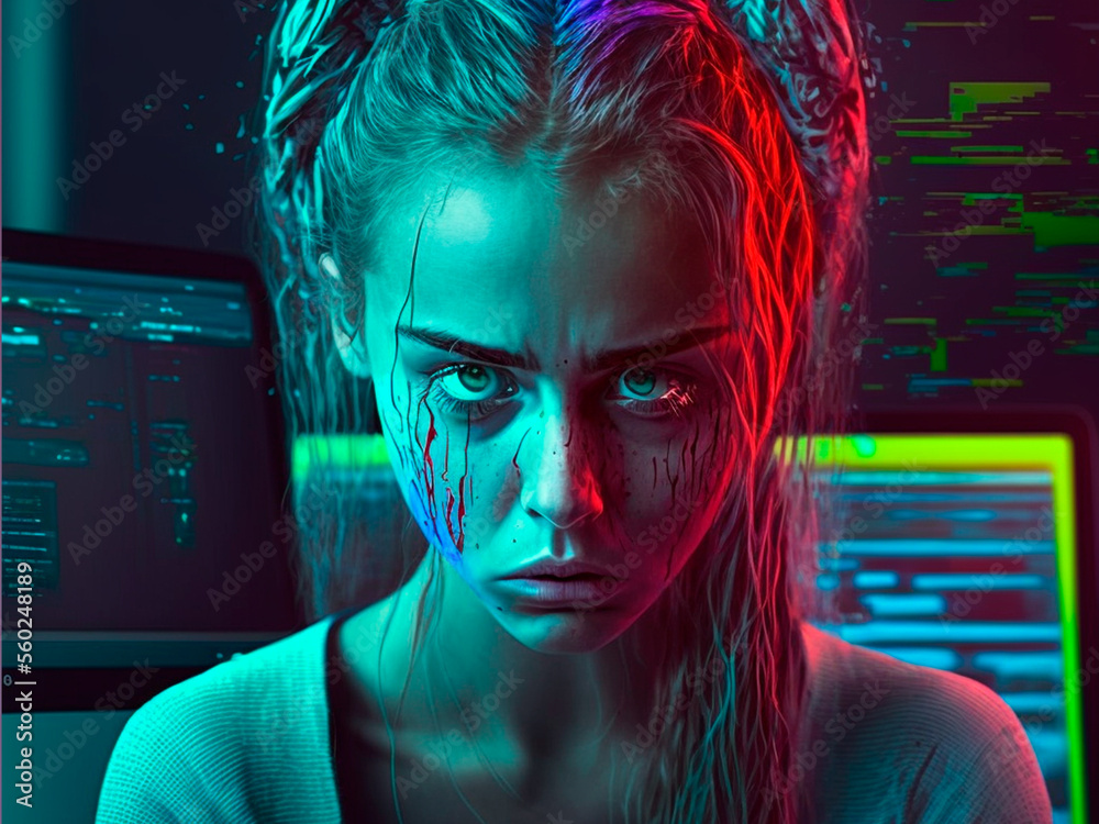 generated AI, closeup woman with anxiety crying for work stress. Digital work, remote work, job anxiety