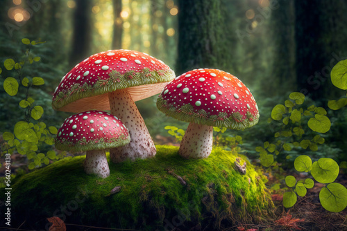 Large fly agarics on moss in the forest