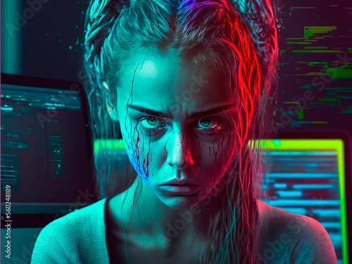 Obraz na płótnie generated AI, closeup woman with anxiety crying for work stress. Digital work, remote work, job anxiety w salonie