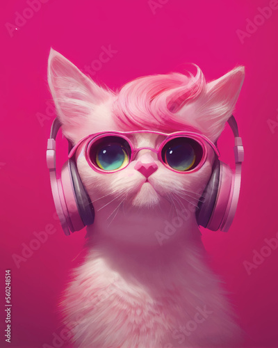Cool young pink cat girl with headphones and sunglasses enjoys the music