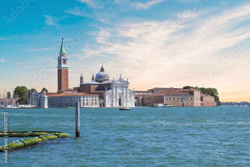 Beautiful view of the gondolas and the Cathedral of San Giorgio Maggiore, on an island in the Venetian lagoon, Venice, Italy