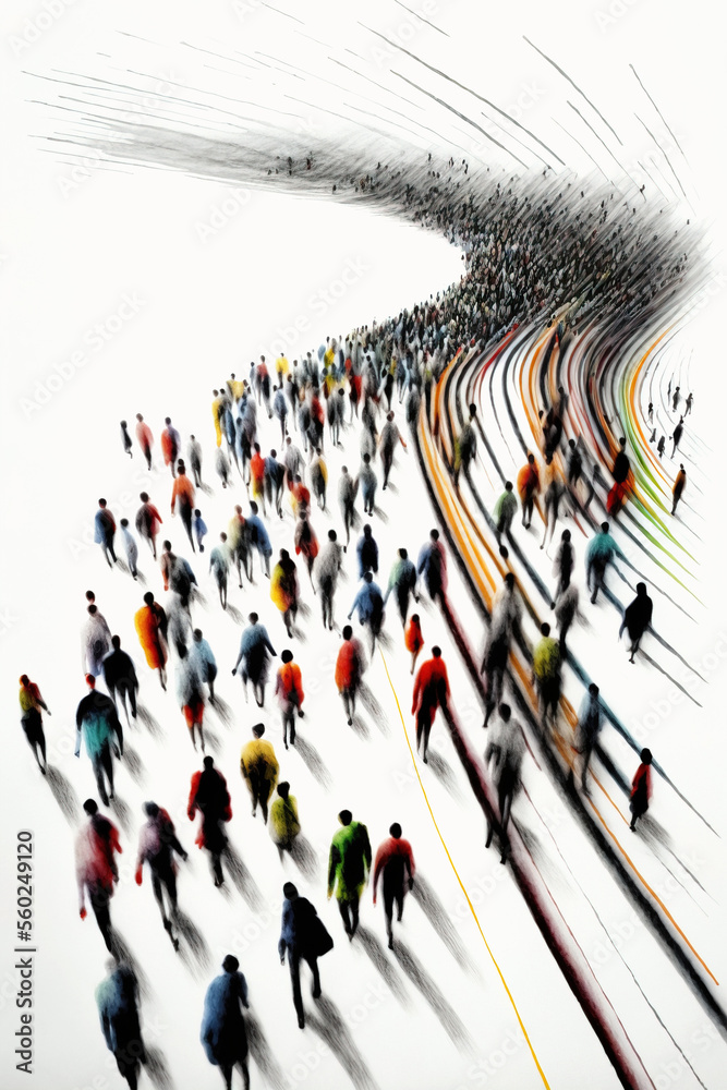 Crowd illustration, large group of people walking on white space, top view, Generative AI - obrazy, fototapety, plakaty 