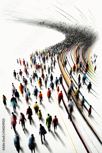 Crowd illustration, large group of people walking on white space, top view, Generative AI