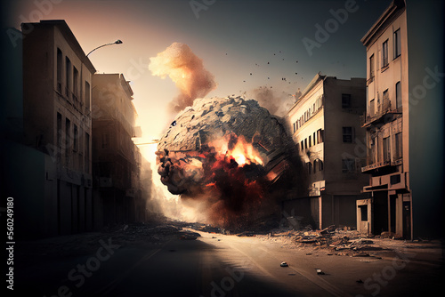 Nuclear bomb explosion, mushroom cloud over cityscape, 3D illustration photo