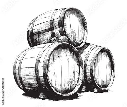 Valokuva Three vintage wooden barrels for wine and beer hand drawn sketch engraving style