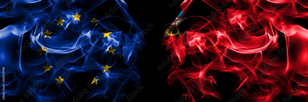 Flags of EU, European Union vs Russia, Russian, Moscow oblast