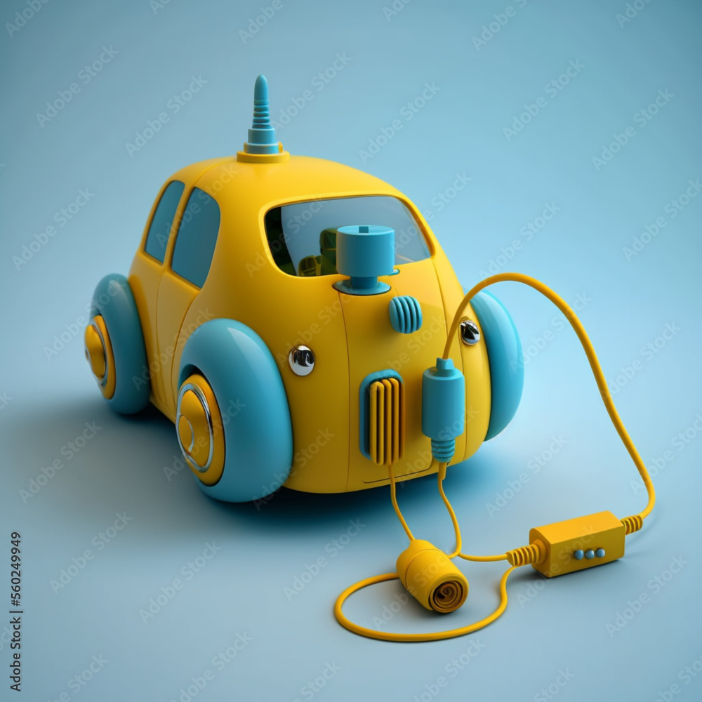 AI generated, 3d vector of yellow electric car with blue background, futuristic cartoon style electric charge