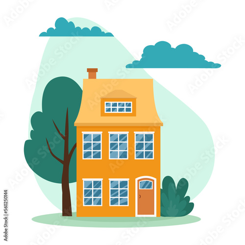 House on the background of the sky, clouds and trees. Home exterior in trendy flat style. Facade of a house with a door and windows. Flat design cityscape. Mansion vector illustration.