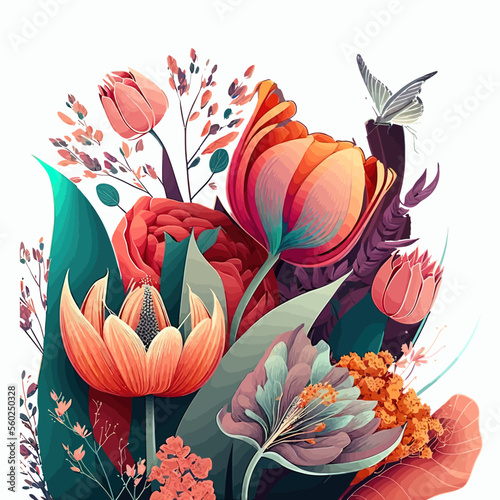 Colorful spring season on warm tone background. Hand-drawn illustration isolated on white background