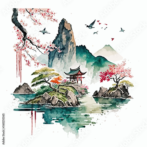 Lake and mountain landscape chinese background. Traditional watercolor oriental, Japanese style. Vector illustration